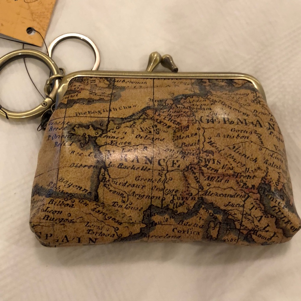New * Patricia Nash Map Print Coin Purse in Tan Brown with Brass Hardware